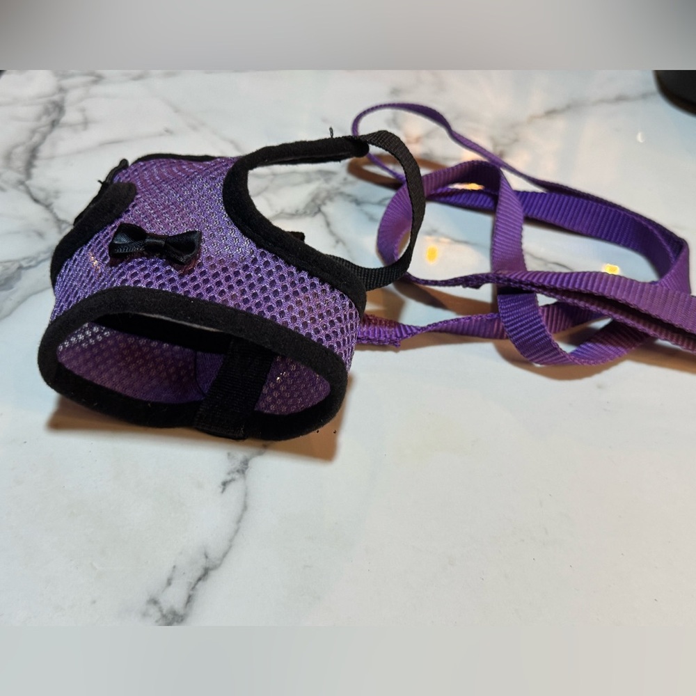 4/$15 Purple Mesh with Black Bow Pet Harness with Leash Size Small
